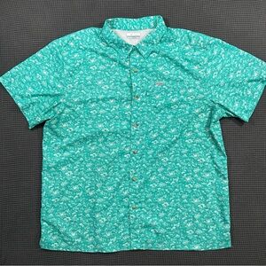 Columbia PFG Fishing ShirtXL Teal Green Fish Print Vented Short Sleeve Button Up